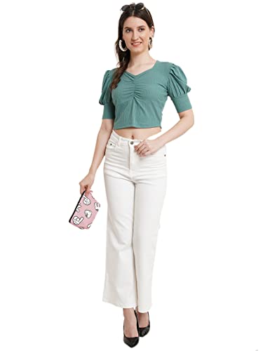 Image of POPWINGS Solid Ribbed Slim Fit Crop Tops for Women | Polycotton Stylish Western 3 /4 Puff Sleeves Casual and Summer Crop Tops for Women