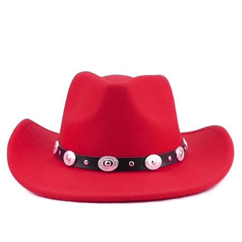 Image of DRESHOW Women Men Classic Felt Wide Brim Western Cowboy & Cowgirl Cap Belt Buckle Retro Panama Hat Unisex Rolled up Caps
