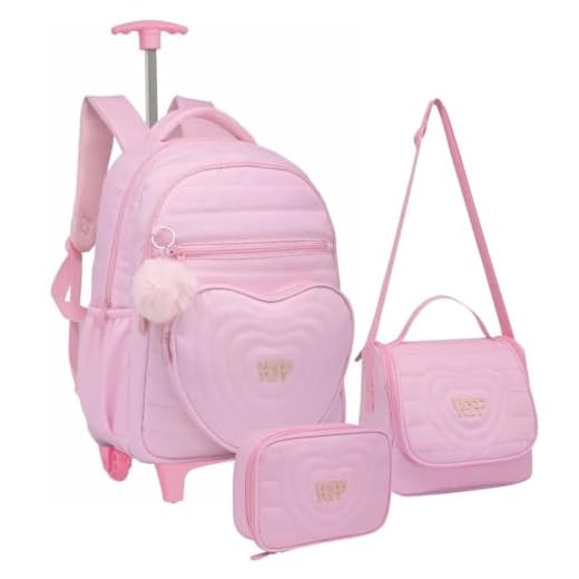 Kit Mochila com Rodas e Costas Estojo Box e Lancheira Coração Fashion Escolar Rosa