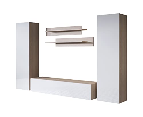 MB Muebles Bonitos, Ensemble de Meubles de Salon Luke 7E avec Meuble TV, Design Modulaire Moderne, Finition Mate et Brillante, Couleur Sonoma et Blanc