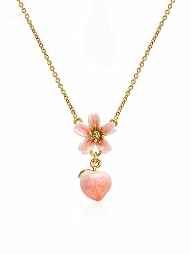 Peach Blossom Flower Enamel Pendant Necklace Handmade Jewelry Gift 18K Gold Plated Copper