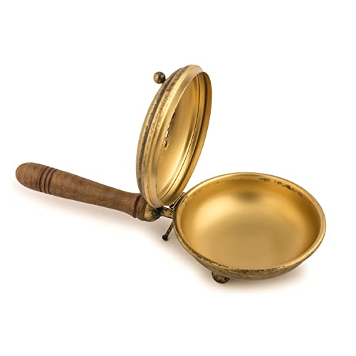 Image of ServDharm Dhoop Dani with Handle | Incense and Loban Burner Dhuni Stand for Home, Office and Temple Pooja | Metal Dhoop Dani Antique Gold, Round, 4.4 Inch |11.4 cm