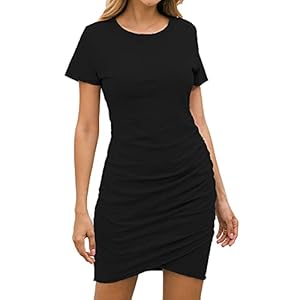 BTFBM-Womens-2021-Casual-Crew-Neck-Short-Sleeve-Ruched-Stretchy-Bodycon-T-Shirt-Short-Mini-Dress BTFBM Women's 2023 Summer Casual Beach Dresses Crew Neck Short Sleeve Wrap Party Club Mini Ruched Bodycon T Shirt Dress(Black, Medium)