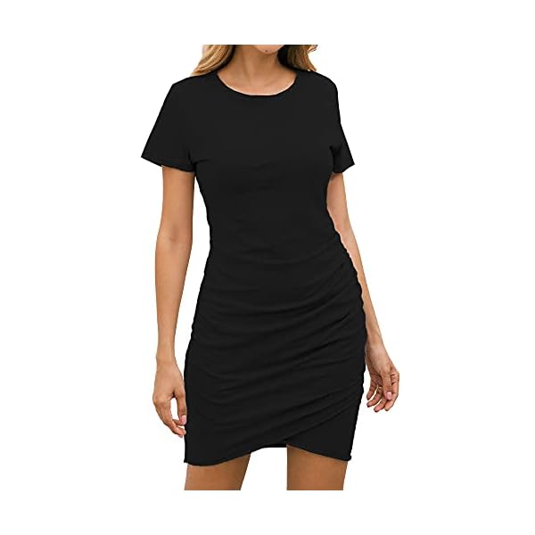 BTFBM-Womens-2021-Casual-Crew-Neck-Short-Sleeve-Ruched-Stretchy-Bodycon-T-Shirt-Short-Mini-Dress BTFBM Women's 2023 Summer Casual Beach Dresses Crew Neck Short Sleeve Wrap Party Club Mini Ruched Bodycon T Shirt Dress(Black, Medium)