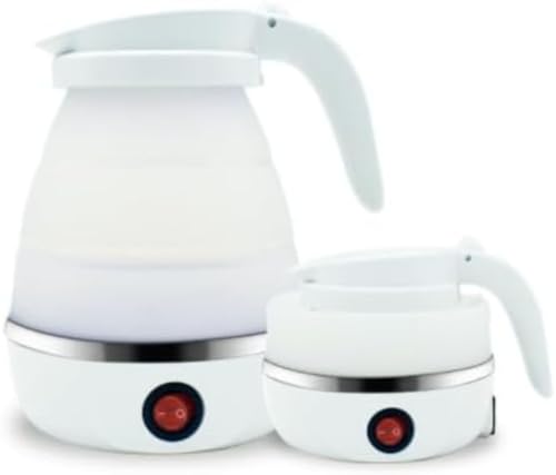 Citybaby折りたためるケトル 600ml 大容量 携帯ポット シリコン 電気ケトル キャンプ 湯沸かしコンパクト キャンプ 電気ポット ステンレス発熱エリア ケトル 断熱ハンドル シリコン 携帯便利 旅行 出張用品 2-3人用 (ホワイト,110V)