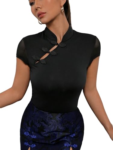 SweatyRocks Women's Short Sleeve Stand Collar Slim Fit Tee Shirt Cheongsam Tops4