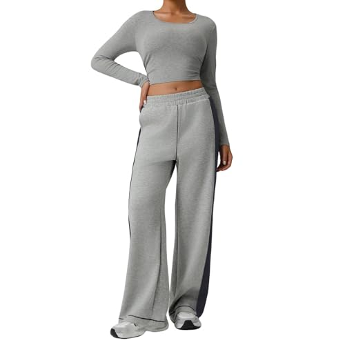 女性用2ピースラウンジアウトフィット クロップドロングスリーブ エラスティックローヘムストレートワイドレッグパンツ ヨガスウェットスーツ,グレー,L