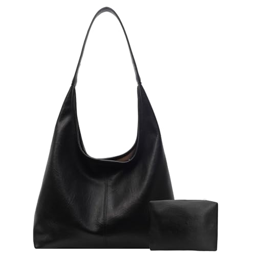 Image of Leather Hobo Bags for Women Slouchy Tote Bag Retro PU Leather Purse Soft Shoulder Handbags Large Work Tote Bag 2pcs