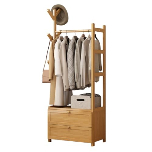 Elegante y moderno armario de madera con perchero de bambú y cajones, perchero independiente para dormitorio y espacios pequeños, solución de almacenamiento funcional