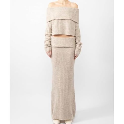 Knit Skirt Sets for Women 2 Piece,Knitted Off-Shoulder Top Knitted Skinny Maxi Skirts 2Piece Set,Loose Fall Casual Outfits3