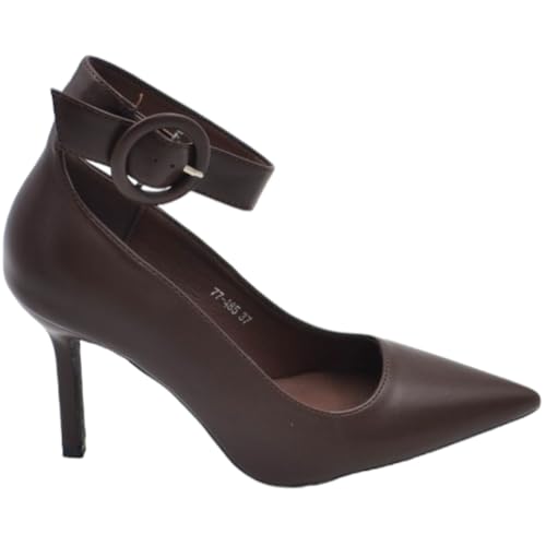  Scarpa Decollete Donna Marrone in Pelle a Punta con Cinturino Largo alla Caviglia Tacco a Spillo 120 (41 EU)