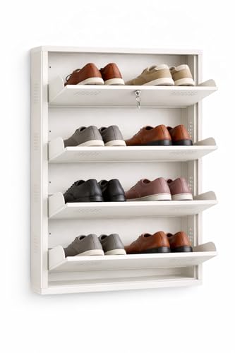 Image of 4 Door Wall Mounted Metal Shoe Rack with Lock | Foldable Shoe Cabinet | Space Saving Shoe Organizer for Home | Ventilated Steel Shoe Stand Holds 16-24 Pairs (White)