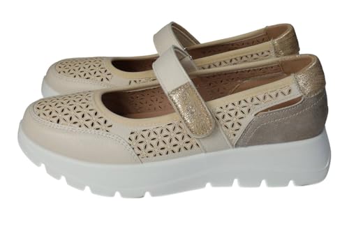 mysoft 25M263 - Manolettine da donna, motivo traforato con fiore beige da donna, beige, 40 EU