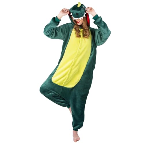 Aitsite Dinosaurier Onesie für Erwachsene – Unisex Tieroverall mit Kapuze, Dino Jumpsuit für Cosplay, Fasching und Halloween