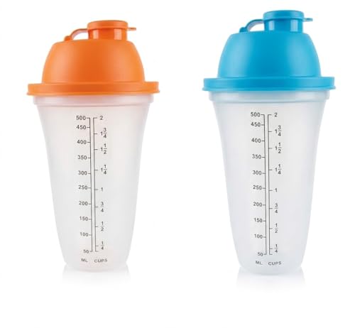 2 Shaker 50 cl arancio e celeste con Scala Graduata Bicchiere Dosatore 500 ml con Tappo ad incastro per caffe' freddo granite frullati Cocktail Proteine Pastelle Salse ed Emulsioni
