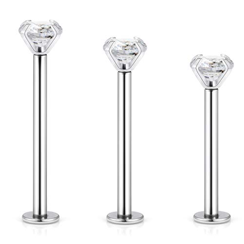 Kridzisw 16G Cheek Dimple Tongue Piercing jewelry 316L Stainless Steel Long Lip Labret Rings Barbells Body Piercings Jewelry Cubic Zirconia 4mm Inlaid 14mm-19mm Bar Length 3PCS