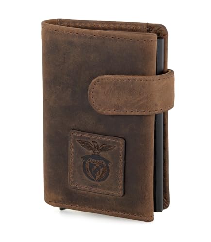 SL Benfica - Tarjetero de piel natural marrón con lengua, 10 x 6,7 x 2 cm. Eyector de aluminio con capacidad para 5 tarjetas. Monedero trasero. Compartimento para billetes, marrón, 10×6,7×2 cm,