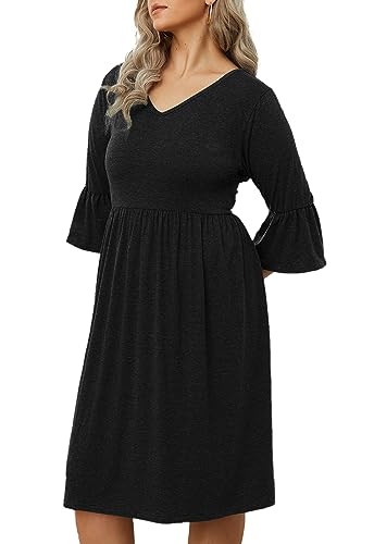Image of Women's Plus Size 3 /4 Sleeve Casual Dress V Neck Spring Summer Tshirt Empire Waist Ruffle Midi Dresses