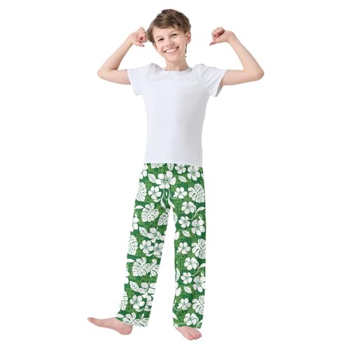 Palm Leaf Hibiscus Flower Boys Long Pants Soft Trousers Elastic Waist Kids Lounge Bottoms with Pockets S-XL2