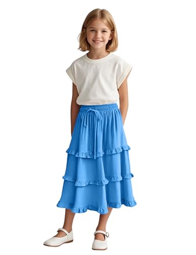Image of Girls High Waisted Ruffle Maxi Skirt Soft Cotton Long Skirts with Elastic Waistband for Kid Girl 3-12 Years