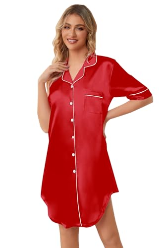 Image of Schbbbta Girls & Women Silk Nightgown, Short Sleeve Button Down Satin Nightshirt Pajama House Dress, 3 Years- Women 2XL