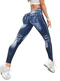 BYNNIC V Back Faux Denim Jeggings for Women Butt Lifting Tummy Control High Waisted Jeans Yoga Pants Scrunch Leggings Dark Blue