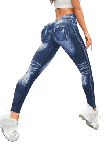 BYNNIC V Back Faux Denim Jeggings for Women Butt Lifting Tummy Control High Waisted Jeans Yoga Pants Scrunch Leggings, Dark Blue, S