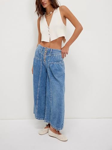 Ru Sweet Women's Wide Leg Baggy Jeans Elastic Waist Button Pleated Culotte Jeans Boyfriend Denim Pants2
