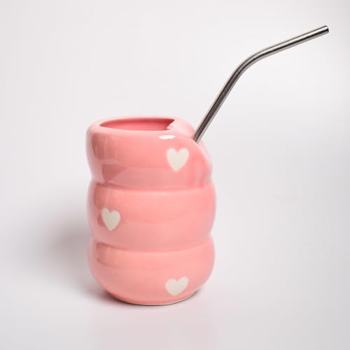 Image of Pink Heart Ceramic Sip Bubble Tumbler with Stainless Steel Straw | Aesthetic, Handmade, Microwave Safe | 220 ML