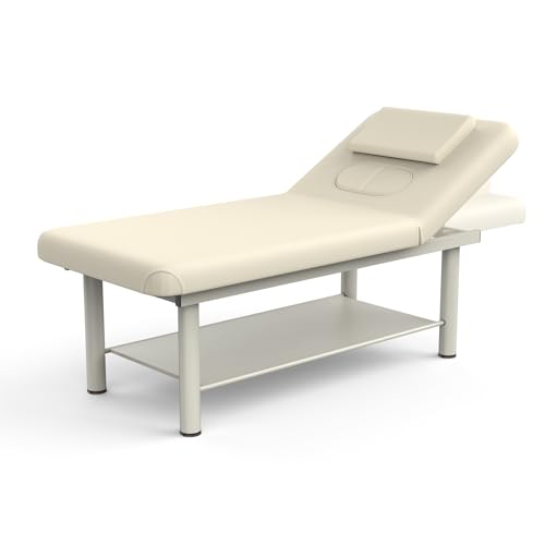 Beige Massage Table, Metal Frame Wide Stationary Massage Table for Treatment Table Physical Therapy Table Spa Facial Bed, Heavy Duty Professional Massage Bed, PU Leather 31.5'' W 75'' L, 700lbs
