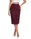 Women Lace Midi Skirts Casual Floral Pencil Mid Waisted Skirts Burgundy