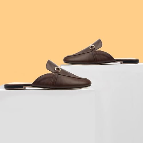 Image of MUSSHOE Gold Buckle Mules for Women - Comfortable Memory Foam Loafers, Classy Slip On Flats for Office Business Casual, Dressy Pointed Toe Shoes