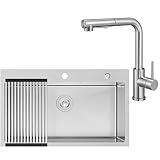 CECIPA 75x45 cm Lavello Acciaio con L Rubinetto Cucina Estraibile, Lavandino Cucina 1 Vasca Inox per Mobile da 80cm, con Sifone e Scarico