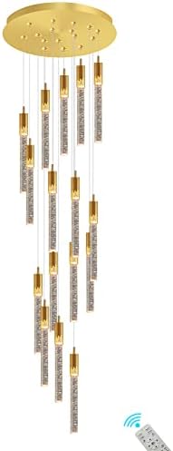 Flashing God 11feets Long Staircase Chandelier Modern 16-Lights Gold Transparent Crystal with Bubble Pendant Light High Ceiling Chandelier Dimmable 3000-6000K Villa Entrance Foyer Lighting