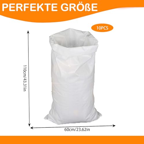 10 Stück PP-Gewebesäcke 65 x 110 cm, Weiße Polypropylen-Säcke, Wiederverwendbarer Transportsack & Lagersack für Getreide Futtermittel Kohle Gartenabfälle und Bauschutt