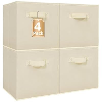 STORAGE MANIAC Storage Cubes, 11 Inch Collapsible Storage Bins with Handles, 4 Pack Fabric Foldable Bins for Organization, Durable Storage Bins for Closet, Shelves, Offices, Toys, 4-Pack Beige