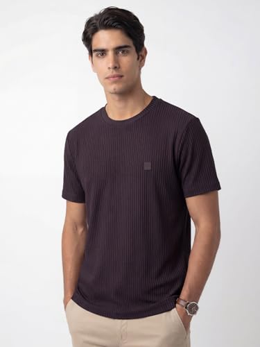Image of DAMENSCH Men's Striped Texture, Cotton-Rich Comfort, Regular Fit, Solid Colours Striped T-Shirts
