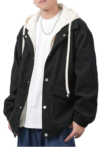 Image of Men's Corduroy Jacket Hoodies Button-Down Casual Shirt Jackets With Pockets Zipper Thicken Unisex Men Drawstring Coat,XS-X