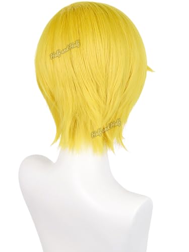 Image of Half and Half Short Blonde Pirate Chef Anime Cosplay Wig for Men Yellow Golden Side Part Male Fighter Costume Wigs for Unisex Women Halloween Party Daily