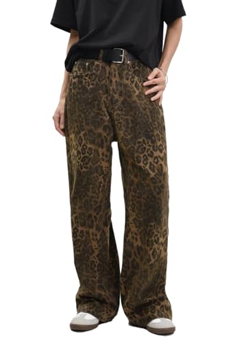 Unisex Y2k Leopard Print Jeans Oversized Wide Leg Pants Grunge Pants Streetwear Pants Baggy Jeans 2000s Leopard Pants