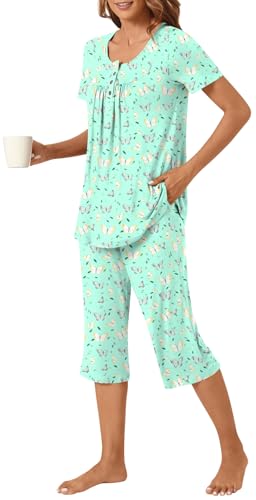 Image of Womens Summer Pajama Sets 2 Piece Short Sleeve Top and Capri Pants Plus Size Ladies Lounge Pjs Sets with Pockets