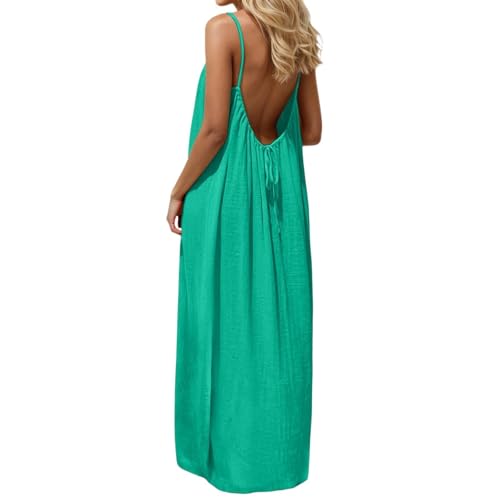Image of HTHLVMD Backless Cami Dress Summer Dresses for Women 2026 Spaghetti Strap Dresses Womens Solid Color Backless Cami Dress