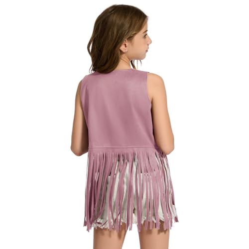 Image of Girls Kids Fringe Vest Sleeveless Western Cowgirl Vest 60s 70s Hippie Faux Suede Tassels Jacket for Halloween