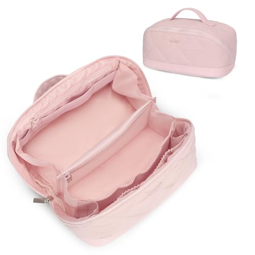 Image of Hynes Eagle Travel Makeup Bag for Women Puffy Cosmetic Organizer Pouch Open Flat Toiletry Bag for Toiletries Brushes Structured Base Light Pink