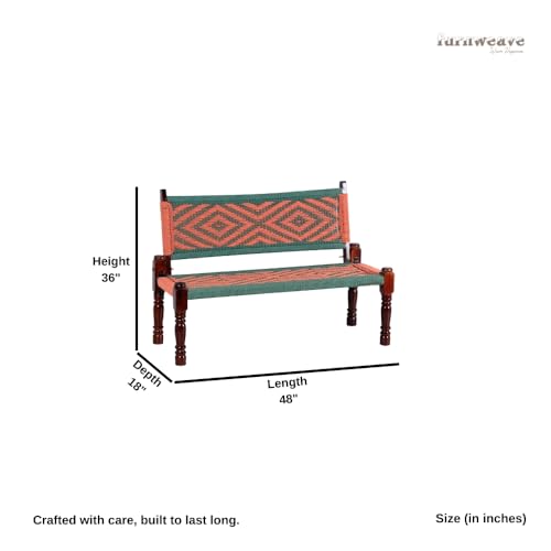 Image of Srima Wooden Bench for Living Room | Handcrafted Sheesham Wood Backrest Bench for Balcony & Garden | Traditional Rajasthani Patio for Outdoor with Cotton Handwoven Rope | Green and Orange