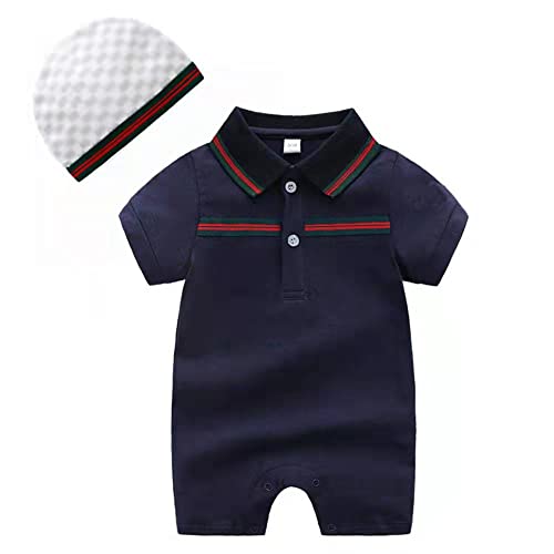 Image of daimengmeng Baby Boys Romper Overalls Short Sleeve Polo Cotton Outfits Infant Clothes with Hat Dark blue 3-6M/66