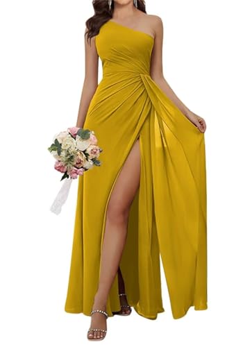 Einschultriges Brautjungfernkleid für Damen, Chiffon, lang, plissiert, formelles Kleid mit Schlitz, senfgelb, 34
