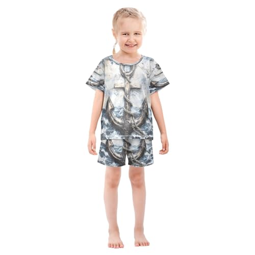 ALAZA Anchor Retro Vintage Pajamas Set Short Sleeve Cotton Sleepwear Summer Pjs 2 Piece 5-14Y3