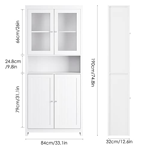 FOREHILL 190cm Kitchen Cupboard Freestanding Tall Storage Cabinet Kitchen Sideboard Organizer, Display Cabinet with 2 Glass Doors for Dining Room Living Room, White