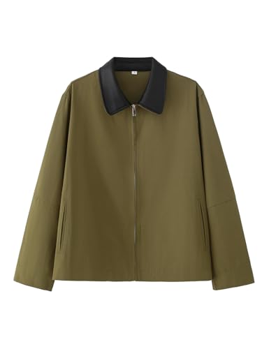 Shiyifa Damen Cropped-Scheunenjacke mit Kontrastkragen, Segeltuchjacken, leichter Utility-Mantel mit Taschen, Grün , M